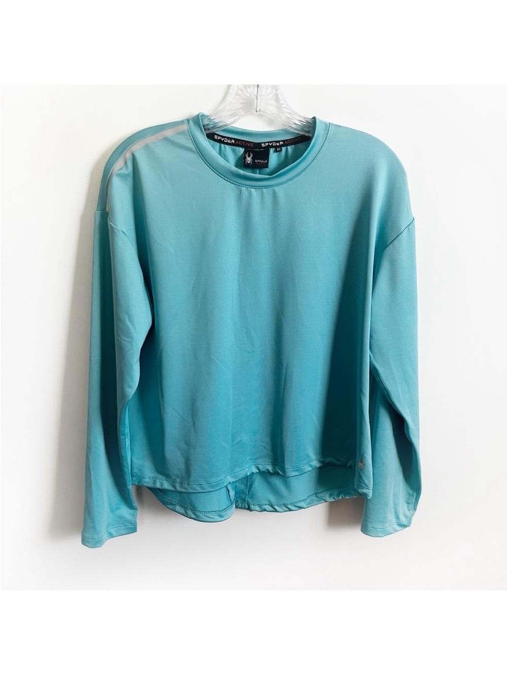 Spyder Active Base Layer Top teal blue stretchy wicking pullover drawstring - Picture 2 of 8